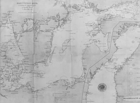 Балтийское море с означением крушений судов у берегов России с 1841 по 1858 год и существующие маяки и спасительные станции.